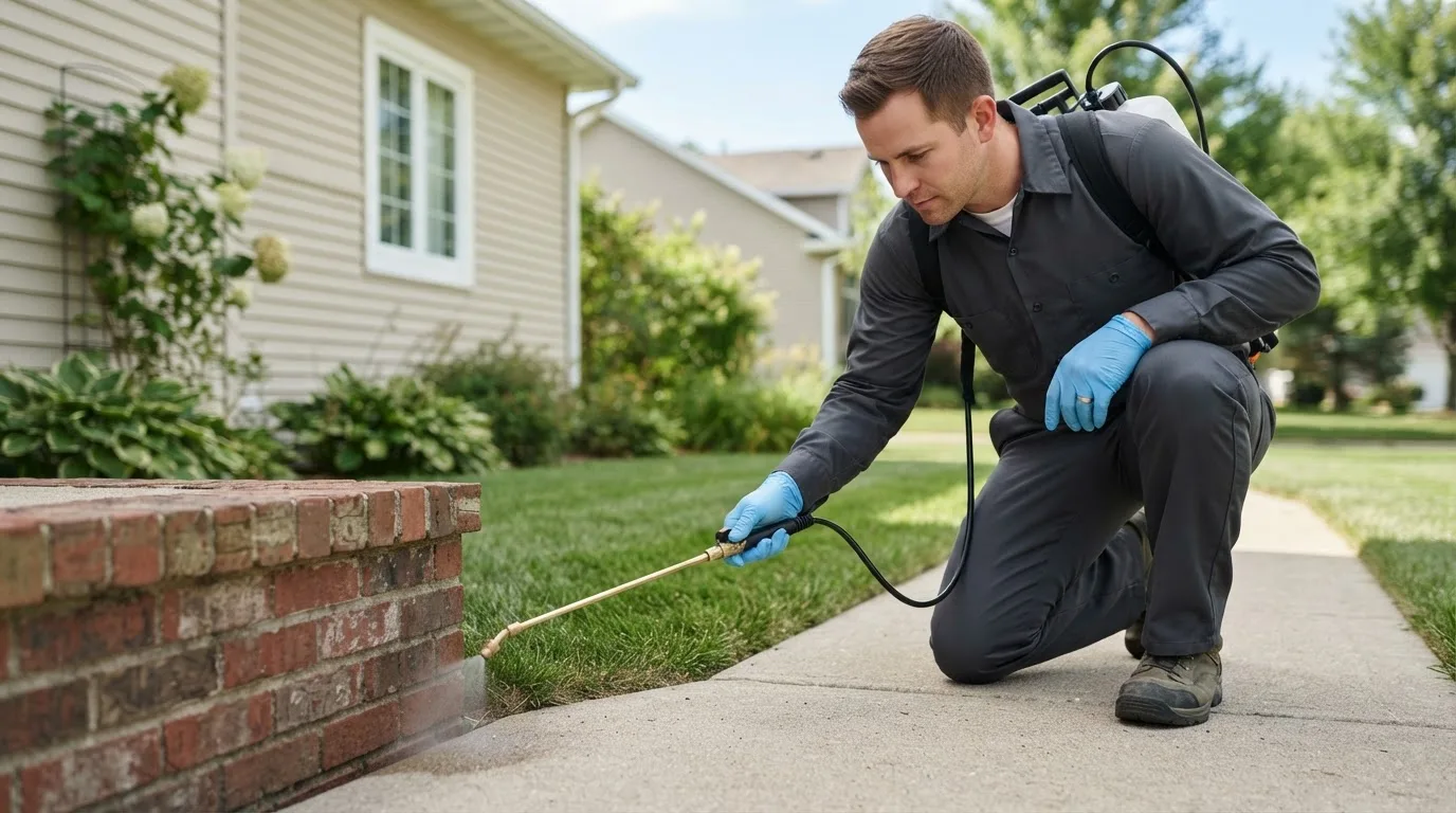 Pest control technician treating a home near Wellington, CO